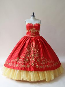 Trendy Satin Sweetheart Sleeveless Lace Up Embroidery Quinceanera Gowns in Red