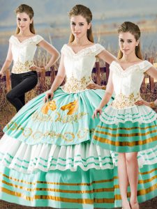 V-neck Sleeveless Satin 15 Quinceanera Dress Embroidery and Ruffled Layers Lace Up