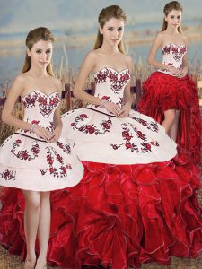 White And Red Ball Gowns Organza Sweetheart Sleeveless Embroidery and Ruffles and Bowknot Floor Length Lace Up Quinceanera Dress