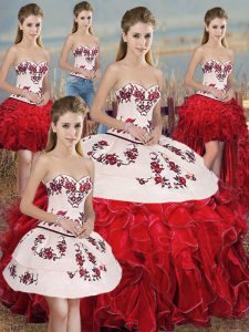 Hot Selling White And Red Sleeveless Embroidery and Ruffles and Bowknot Floor Length 15 Quinceanera Dress