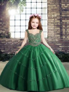 Gorgeous Dark Green Ball Gowns Tulle Straps Sleeveless Beading Floor Length Lace Up Kids Pageant Dress