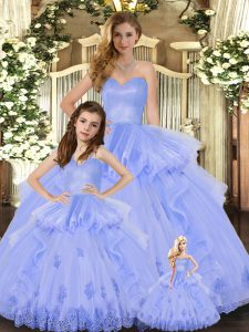 Tulle Sweetheart Sleeveless Lace Up Appliques and Ruffles Quinceanera Gown in Lavender