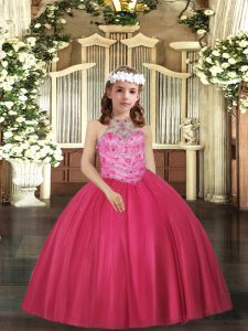 Hot Pink Tulle Lace Up Little Girl Pageant Dress Sleeveless Floor Length Beading
