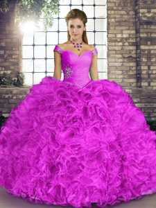 Lilac Off The Shoulder Lace Up Beading and Ruffles Vestidos de Quinceanera Sleeveless