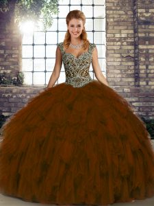 Straps Sleeveless Lace Up Sweet 16 Dress Brown Organza