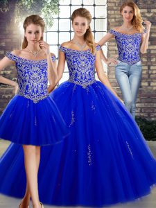 High End Royal Blue Three Pieces Beading Quinceanera Dress Lace Up Tulle Sleeveless Floor Length