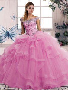 Ideal Rose Pink Sleeveless Beading and Ruffles Floor Length Sweet 16 Dresses