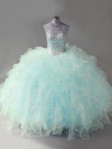 Attractive Floor Length Lace Up Quinceanera Dress Light Blue for Sweet 16 and Quinceanera with Beading and Ruffles