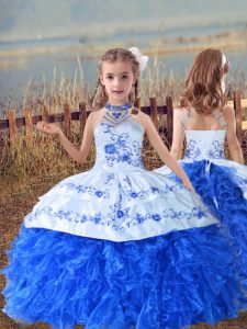 Dramatic Beading and Embroidery and Ruffles Kids Formal Wear Blue And White Lace Up Sleeveless Floor Length
