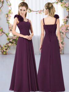 Dark Purple Empire Straps Sleeveless Chiffon Floor Length Lace Up Hand Made Flower Court Dresses for Sweet 16