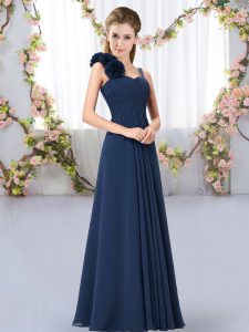 Navy Blue Sleeveless Chiffon Lace Up Dama Dress for Wedding Party