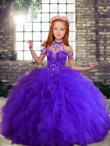 Best Purple High-neck Lace Up Beading and Ruffles Little Girl Pageant Gowns Sleeveless
