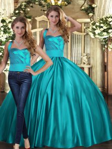Sleeveless Satin Floor Length Lace Up 15th Birthday Dress in Teal with Ruching