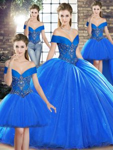 Fabulous Royal Blue Ball Gowns Organza Off The Shoulder Sleeveless Beading Lace Up Sweet 16 Dress Brush Train