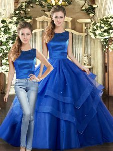 Romantic Tulle Scoop Sleeveless Lace Up Ruffled Layers 15th Birthday Dress in Royal Blue