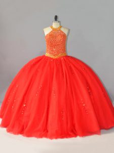 Coral Red Halter Top Neckline Beading Quinceanera Dresses Sleeveless Lace Up
