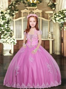 Enchanting Sleeveless Tulle Floor Length Lace Up Girls Pageant Dresses in Lilac with Lace and Appliques