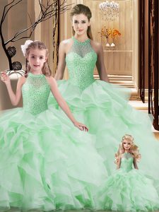 Lace Up Quinceanera Dresses Apple Green for Sweet 16 and Quinceanera with Beading and Ruffles Brush Train