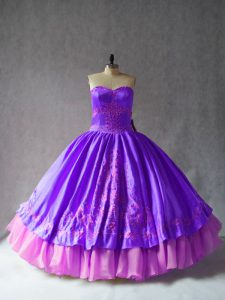 Sophisticated Satin and Organza Sweetheart Sleeveless Lace Up Embroidery Ball Gown Prom Dress in Purple