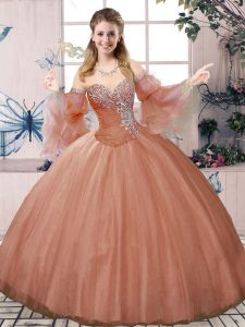 Romantic Sweetheart Sleeveless Quince Ball Gowns Floor Length Beading Rust Red Tulle