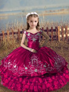 Fuchsia Lace Up Off The Shoulder Embroidery and Ruffled Layers Kids Pageant Dress Satin and Organza Sleeveless