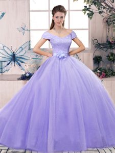 Lavender Tulle Lace Up Quinceanera Dress Short Sleeves Floor Length Lace and Hand Made Flower