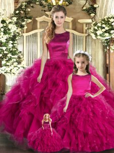 Custom Designed Fuchsia Ball Gowns Tulle Scoop Sleeveless Ruffles Floor Length Lace Up Sweet 16 Dresses