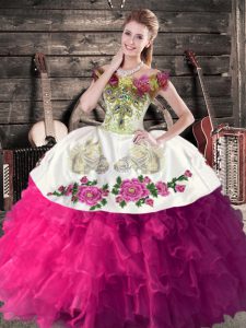 Fuchsia Ball Gowns Satin Off The Shoulder Sleeveless Embroidery and Ruffles Floor Length Lace Up Sweet 16 Dresses