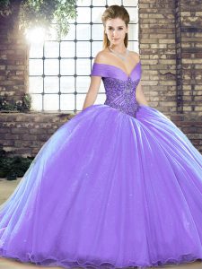 Lace Up Sweet 16 Quinceanera Dress Lavender for Military Ball and Sweet 16 and Quinceanera with Beading Brush Train