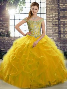 Off The Shoulder Sleeveless Tulle Quince Ball Gowns Beading and Ruffles Brush Train Lace Up