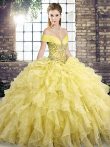 Most Popular Yellow Sleeveless Organza Brush Train Lace Up Vestidos de Quinceanera for Military Ball and Sweet 16 and Quinceanera