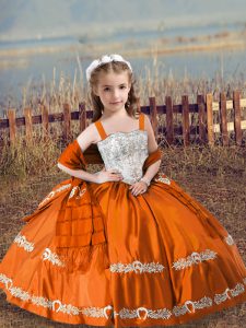 Orange Red Satin Lace Up Straps Sleeveless Floor Length Kids Pageant Dress Beading and Embroidery