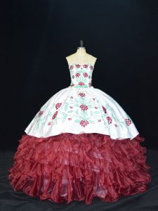 Burgundy Ball Gowns Sweetheart Sleeveless Organza Floor Length Lace Up Embroidery and Ruffles Sweet 16 Quinceanera Dress