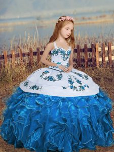 Graceful Floor Length Blue Pageant Gowns For Girls Straps Sleeveless