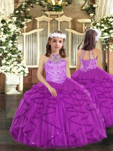 Halter Top Sleeveless Tulle Girls Pageant Dresses Beading and Ruffles Lace Up