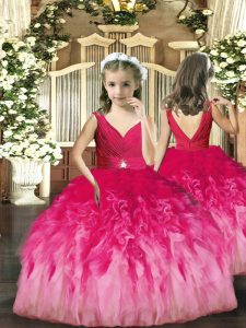Admirable Beading and Ruffles Little Girls Pageant Gowns Hot Pink Backless Sleeveless Floor Length