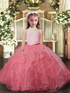 Tulle High-neck Sleeveless Backless Ruffles Little Girls Pageant Dress Wholesale in Watermelon Red