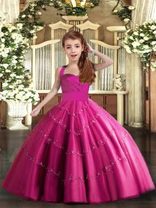 Fashion Fuchsia Ball Gowns Straps Sleeveless Tulle Floor Length Lace Up Beading Little Girl Pageant Dress