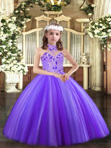 Classical Lavender Kids Pageant Dress Party and Wedding Party with Appliques Halter Top Sleeveless Lace Up