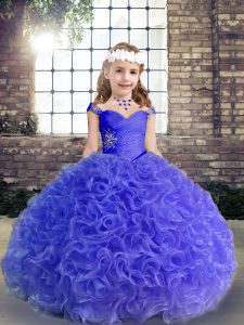 Straps Sleeveless Little Girl Pageant Gowns Floor Length Beading and Ruching Purple Fabric With Rolling Flowers