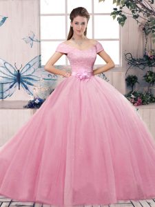 Latest Rose Pink Ball Gowns Lace and Hand Made Flower Quinceanera Gown Lace Up Tulle Short Sleeves Floor Length