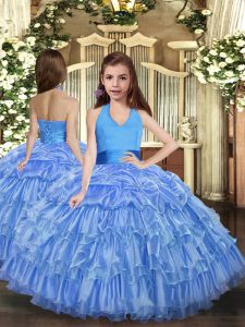 Fashion Floor Length Blue Pageant Gowns Halter Top Sleeveless Lace Up