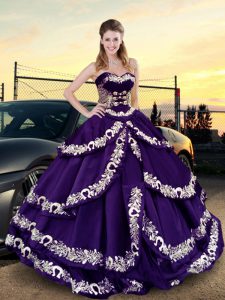 High Quality Purple Lace Up Quince Ball Gowns Embroidery and Ruffled Layers Sleeveless