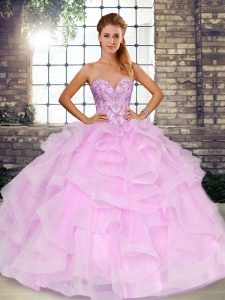 Fashion Lilac Ball Gowns Sweetheart Sleeveless Tulle Floor Length Lace Up Beading and Ruffles Sweet 16 Dresses