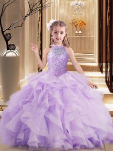 Lavender High-neck Neckline Beading and Ruffles Kids Pageant Dress Sleeveless Lace Up