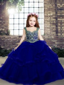 Sleeveless Floor Length Beading and Ruffles Lace Up Pageant Gowns For Girls with Royal Blue