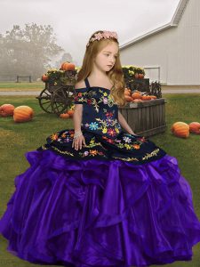 Purple Straps Neckline Embroidery and Ruffles Little Girls Pageant Dress Sleeveless Lace Up