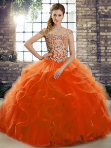 Orange Red Tulle Lace Up Off The Shoulder Sleeveless Vestidos de Quinceanera Brush Train Beading and Ruffles