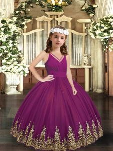 Sleeveless Floor Length Embroidery Zipper Pageant Gowns For Girls with Purple
