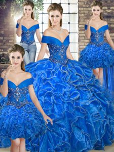 Spectacular Royal Blue Sleeveless Floor Length Beading and Ruffles Lace Up Quinceanera Dress